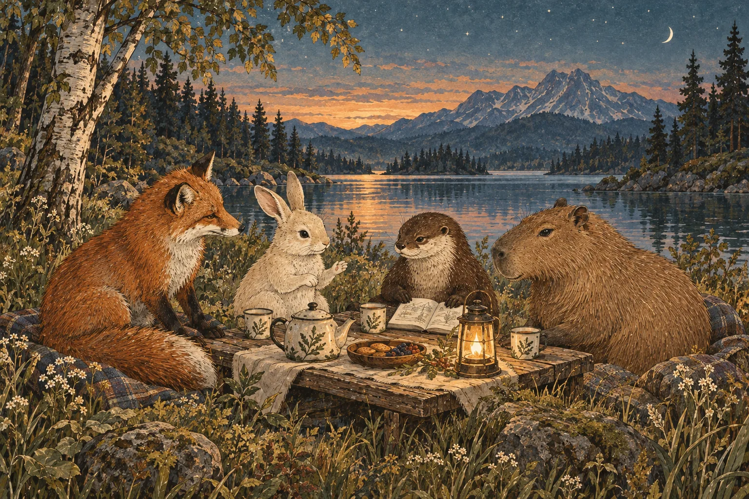 At dusk beside the lake, a fox, rabbit, otter and capybara drink tea, look through a notebook and talk.