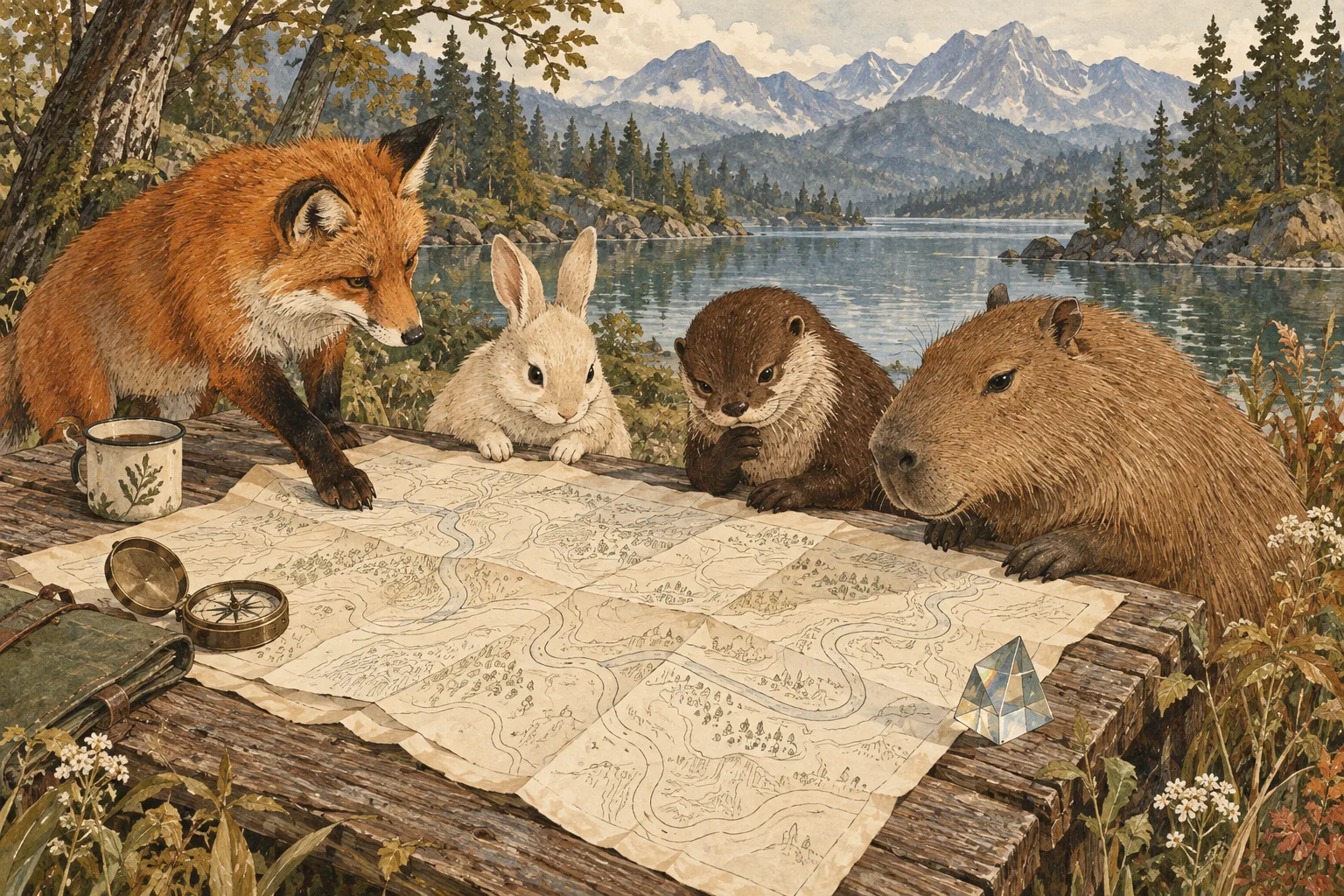 A fox, rabbit, otter and capybara read a map together at a wooden table beside a lake.