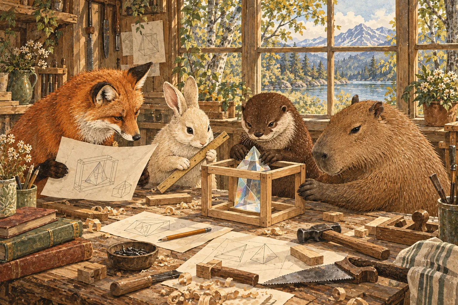 Four animal friends follow a sketch to build a wooden frame around a prism in a woodland workshop.